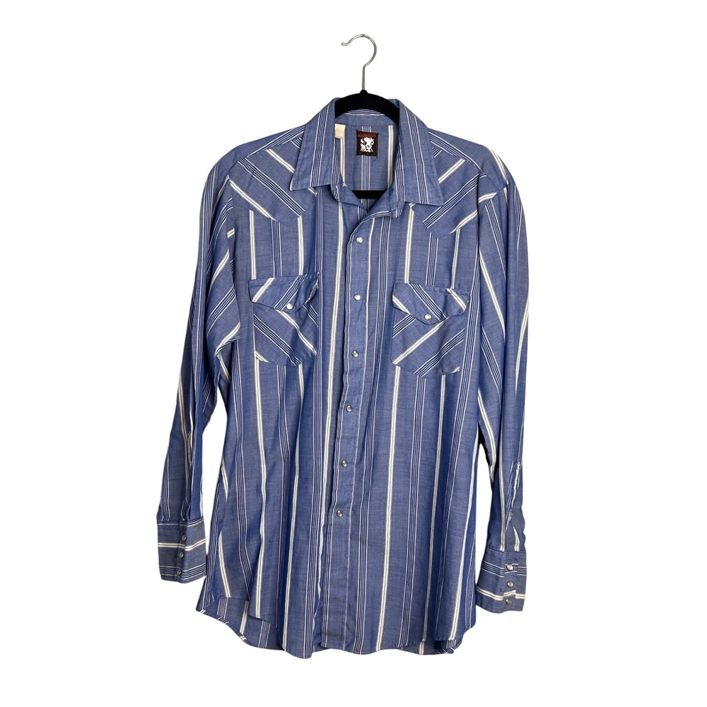 Karman Pearl Snap Western Shirt Mens Size L Blue White Striped‎ Lightweight